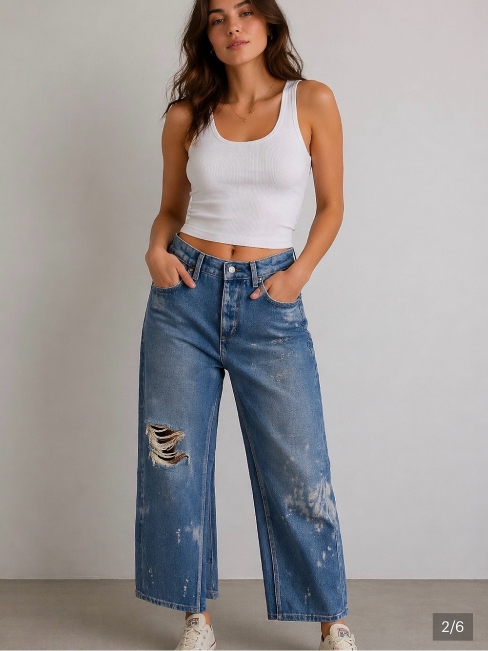 We The Free Distressed Blue Wide-Leg Jeans
